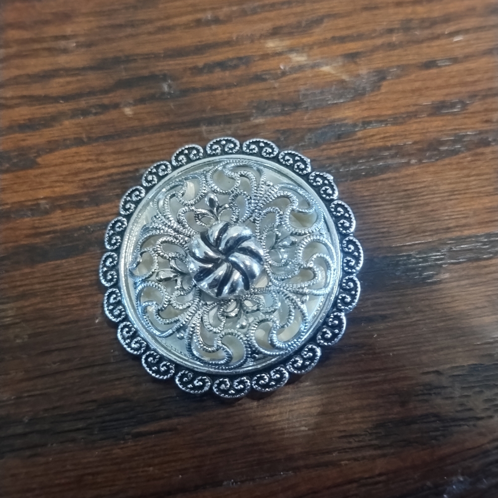 Vintage Signed West Germany Round Scarf Brooch Clip Silver Ornate Filigree